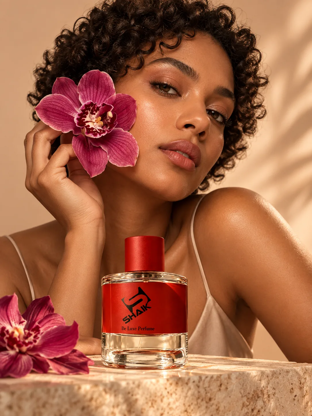 Woman with an orchid beside a Shaik unisex perfume with red cap