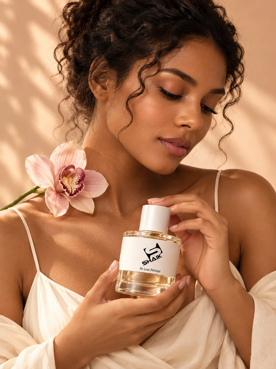 Woman with an orchid holding a Shaik women's perfume with white cap