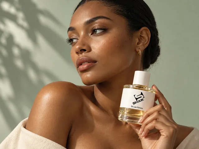 Woman against a sage wall holding a Shaik women's perfume with white cap