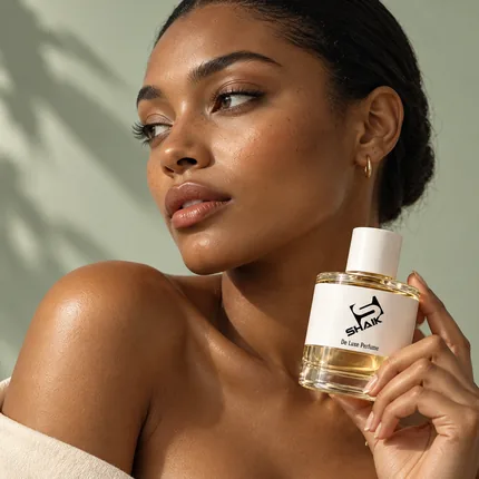 Woman against a sage wall holding a Shaik women's perfume with white cap