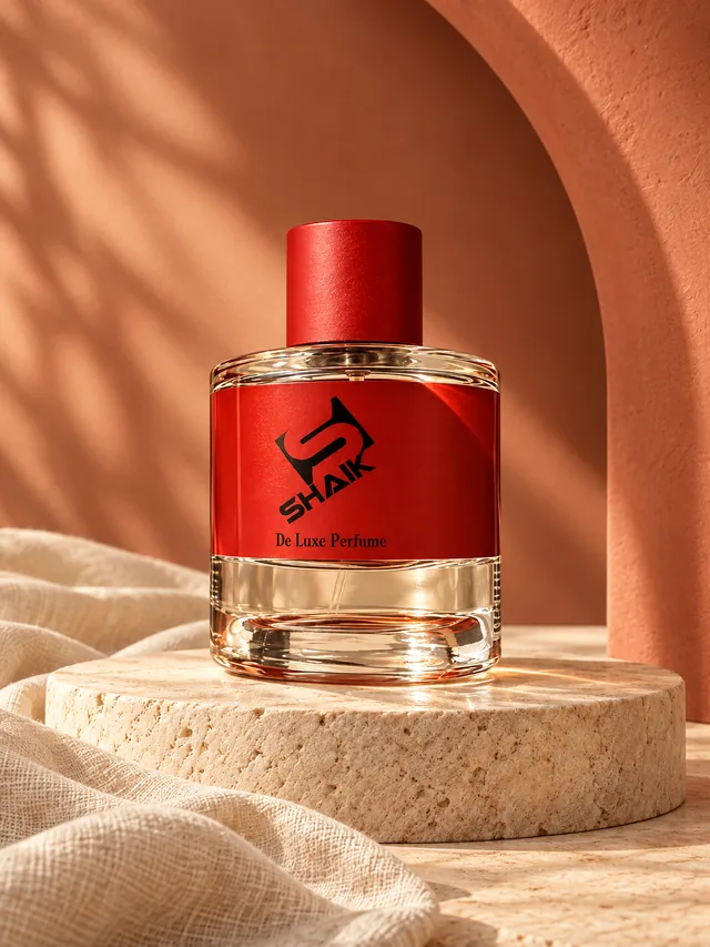 Shaik unisex perfume with red cap and label in front of a terracotta arch