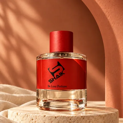 Shaik unisex perfume with red cap and label in front of a terracotta arch