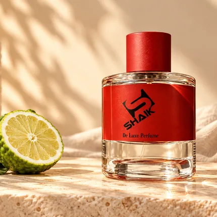 Shaik unisex perfume with red cap and label beside a lime