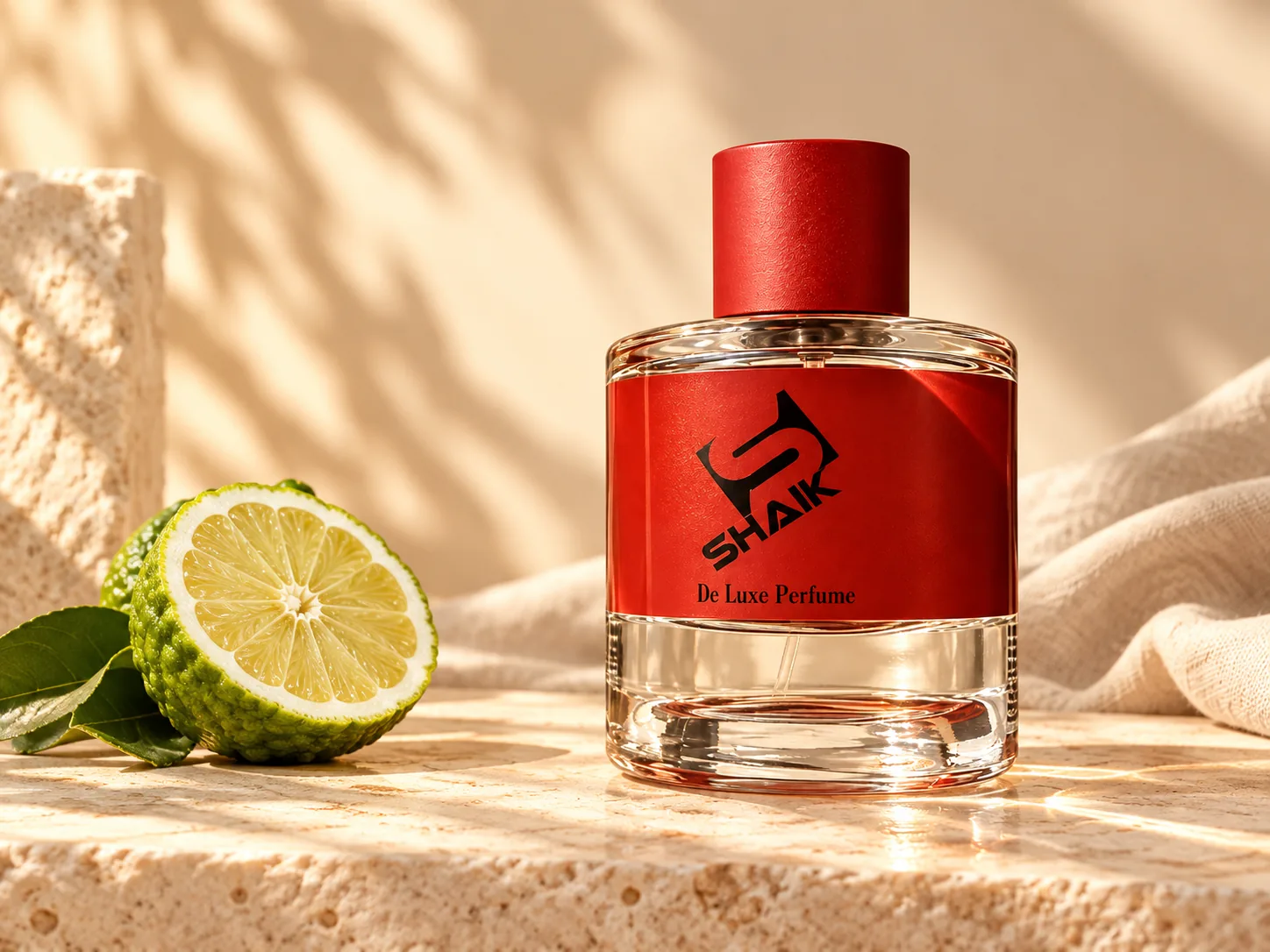 Shaik unisex perfume with red cap and label beside a lime