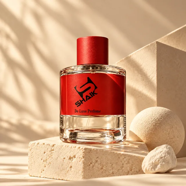 Shaik unisex perfume with red cap and label in warm geometric light