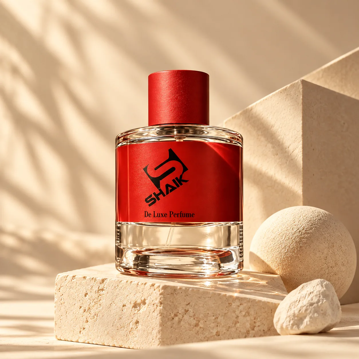 Shaik unisex perfume with red cap and label in warm geometric light