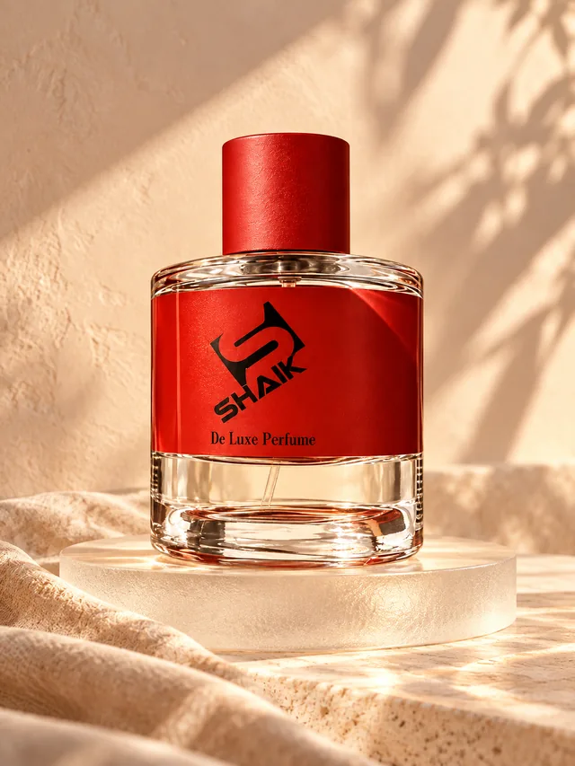 Shaik unisex perfume with red cap and label in warm light