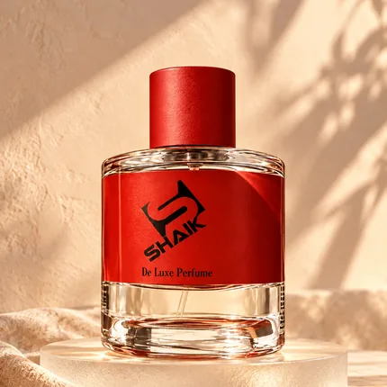Shaik unisex perfume with red cap and label in warm light