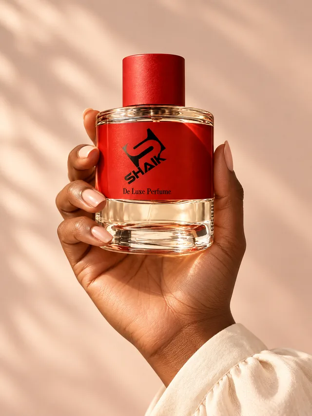 Hand holding a Shaik unisex perfume with red cap and label