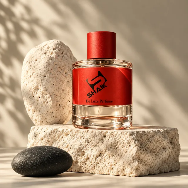 Shaik unisex perfume with red cap and label on a limestone slab