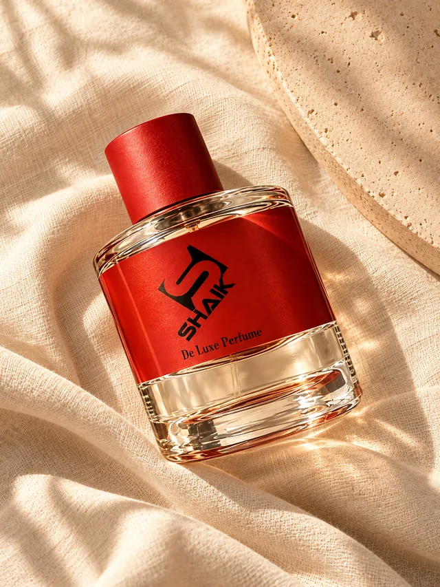 Shaik unisex perfume with red cap and label on linen