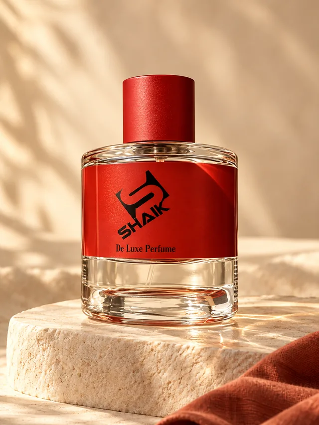 Shaik unisex perfume with red cap and label on a stone plinth