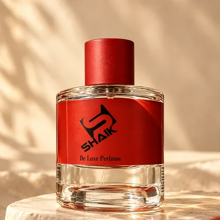 Shaik unisex perfume with red cap and label on a stone plinth