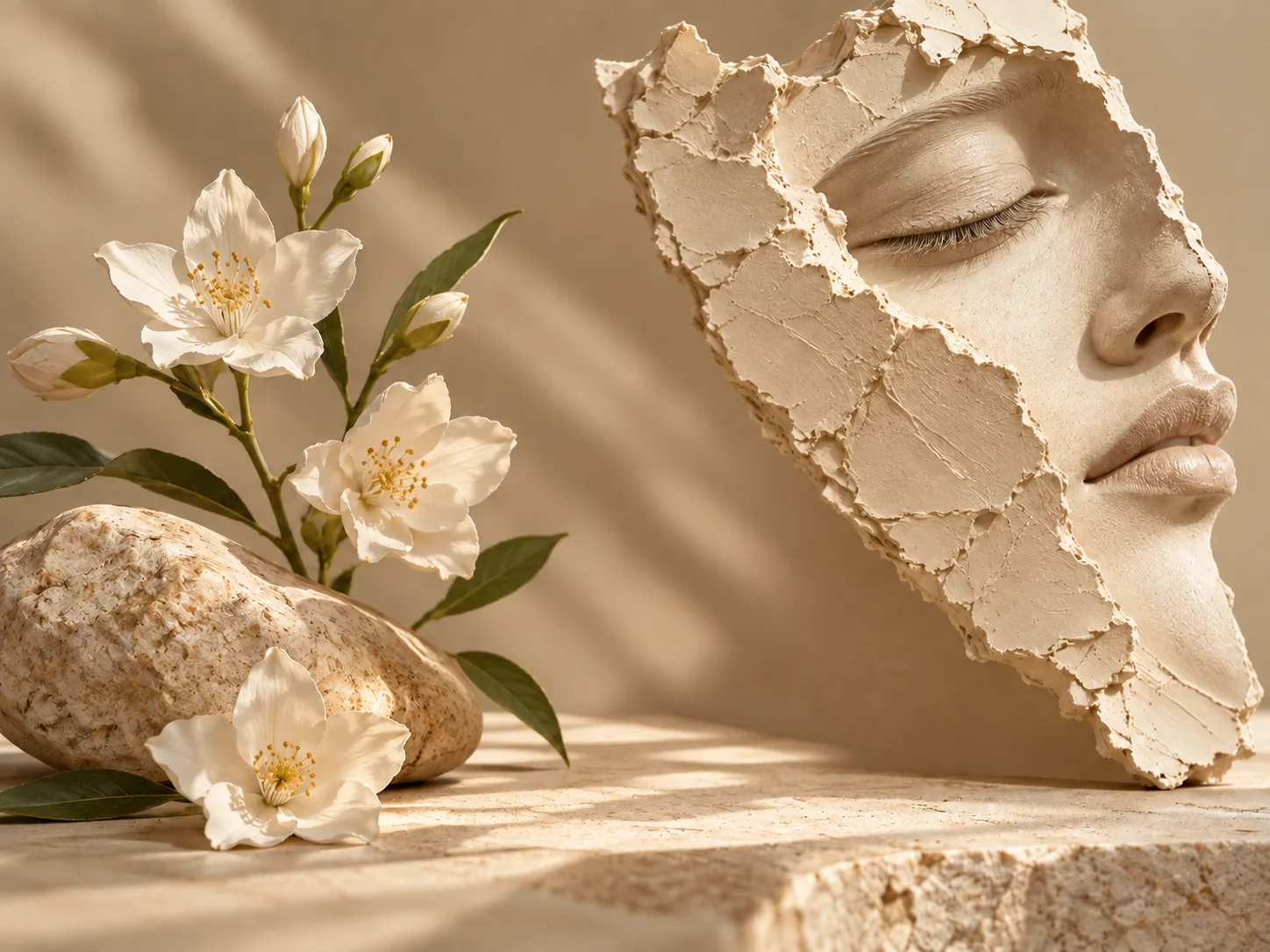 Sculpted face relief with white blossoms and stones