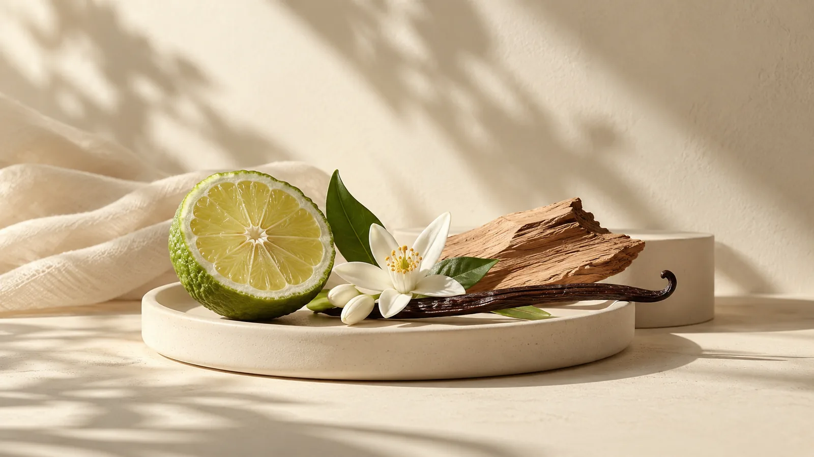 Lime, white blossom, vanilla pod and cedar wood in sunlight