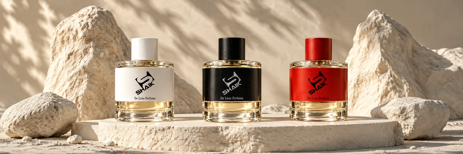 Shaik perfumes with white, black and red caps and labels on a stone slab in daylight