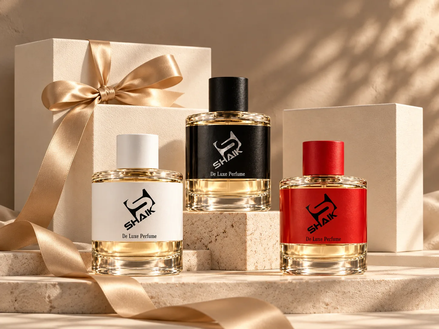 Shaik perfumes with white, black and red caps and labels beside ivory gift boxes