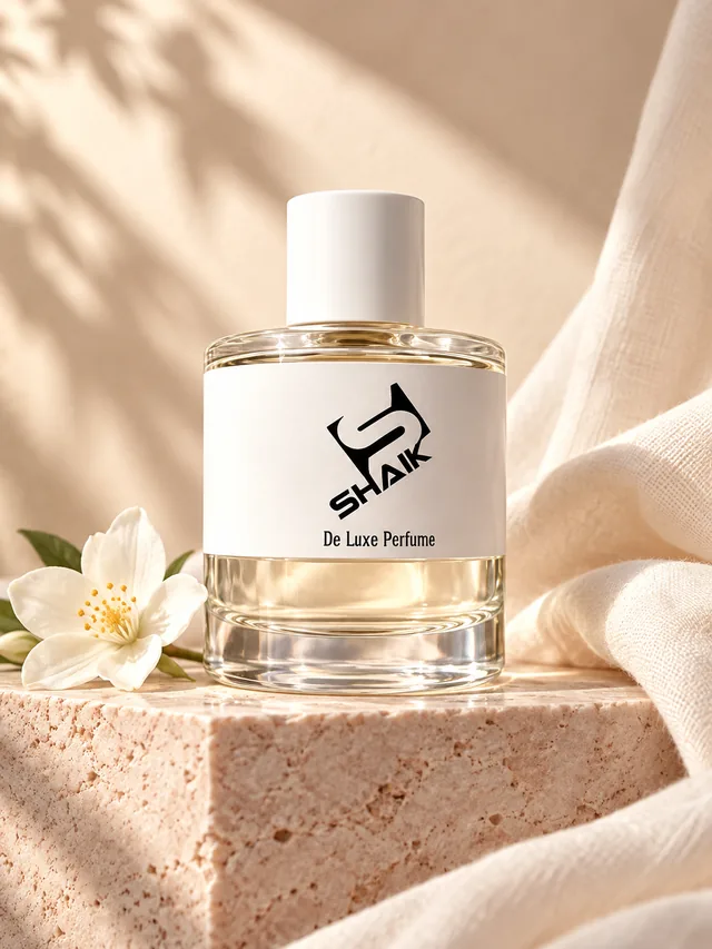 Shaik women's perfume with white cap and label beside white blossom