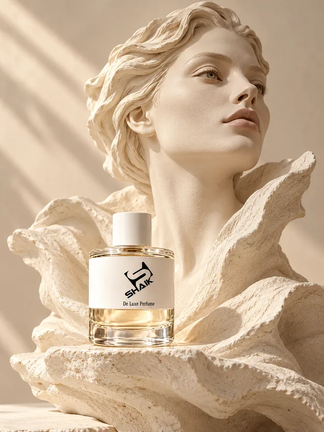 Shaik women's perfume with white cap and label before an ivory bust