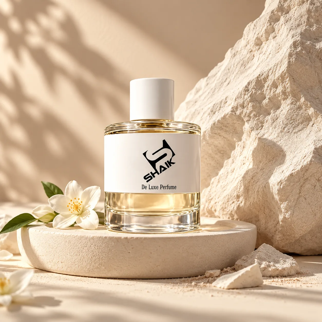 Shaik women's perfume with white cap and label beside chalk-white stone