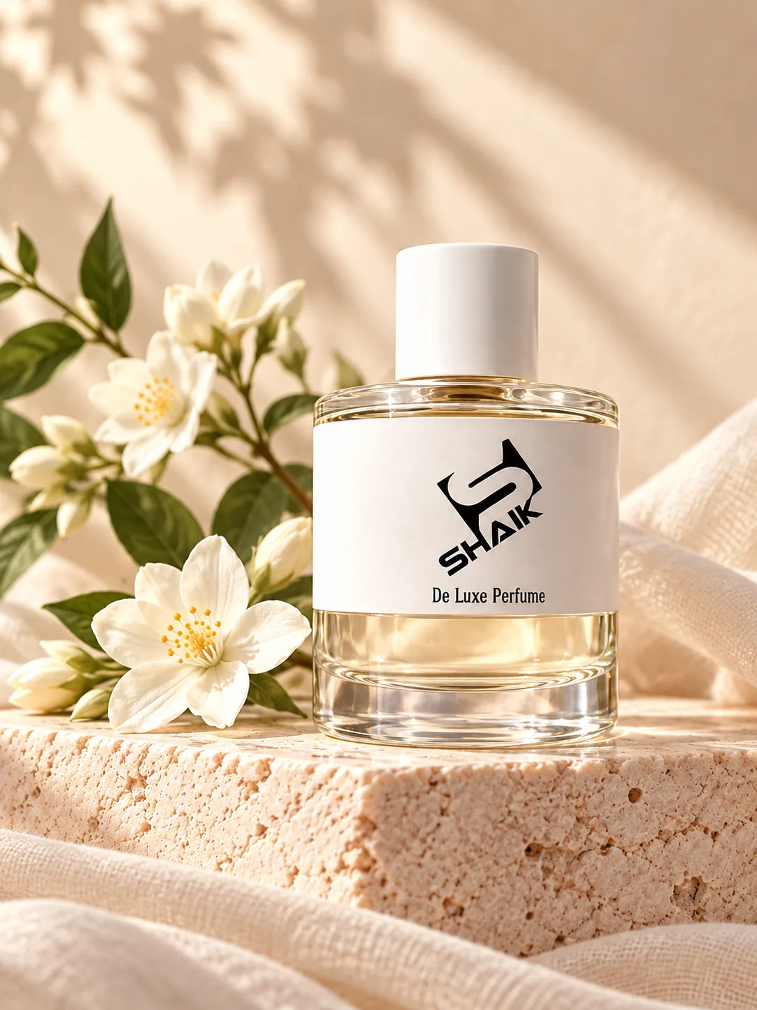 Shaik women's perfume with white cap and label beside jasmine flowers
