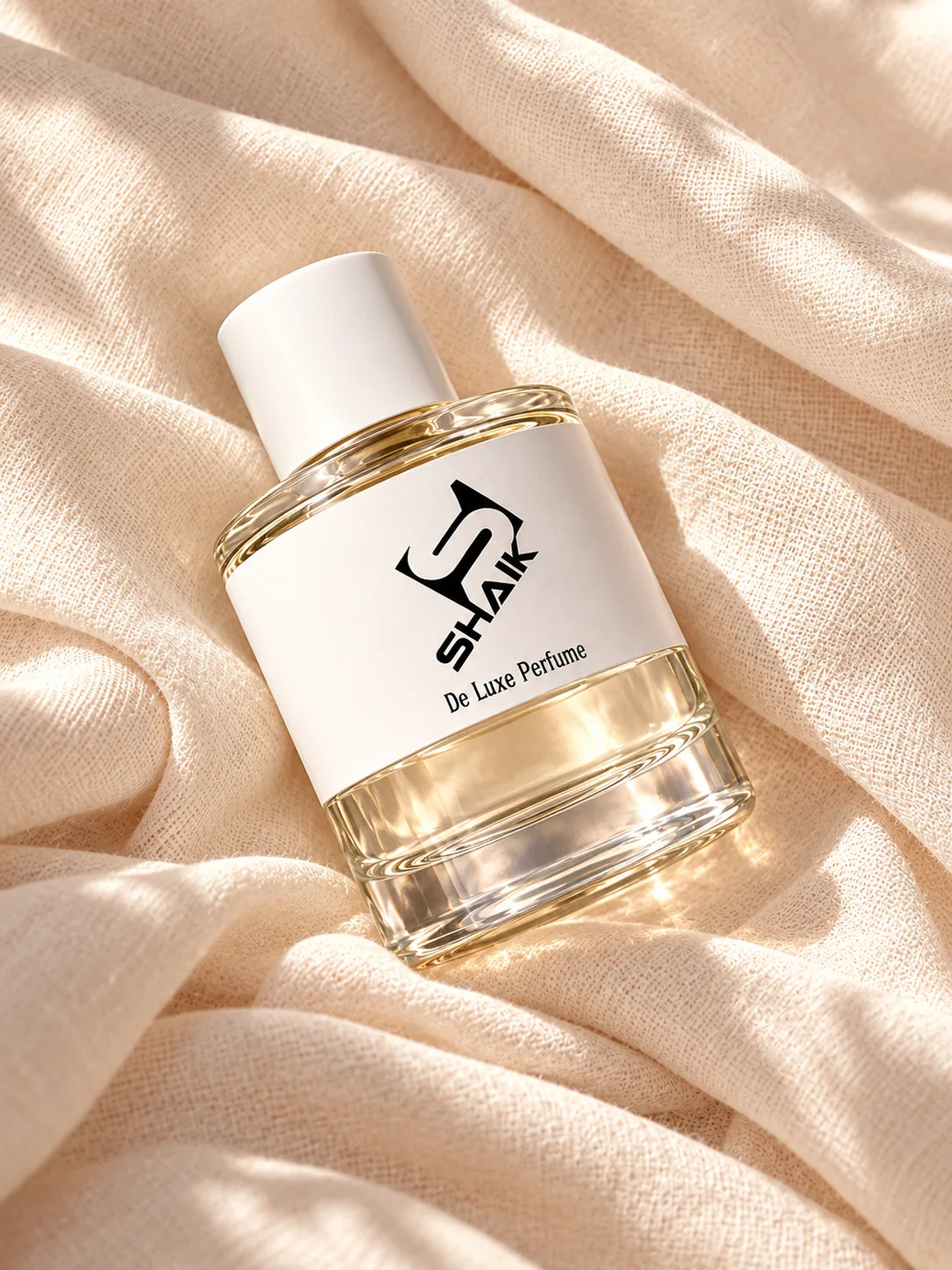 Shaik women's perfume with white cap and label on linen