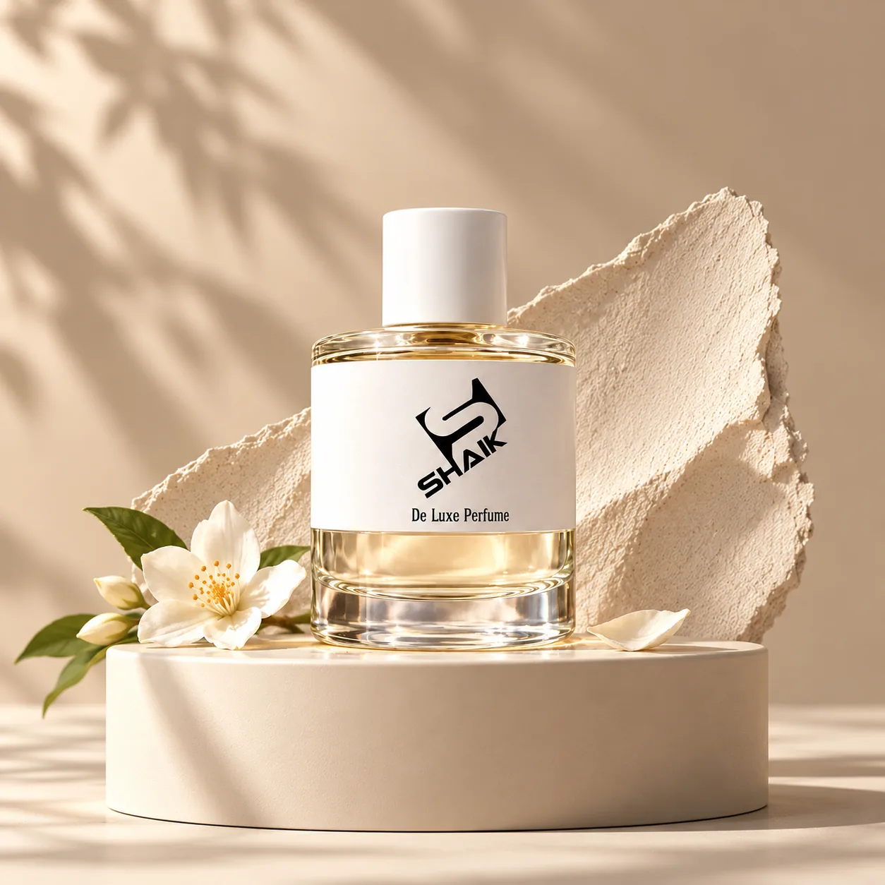 Shaik women's perfume with white cap and label on a cream pedestal