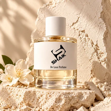 Shaik women's perfume with white cap and label on ivory plaster