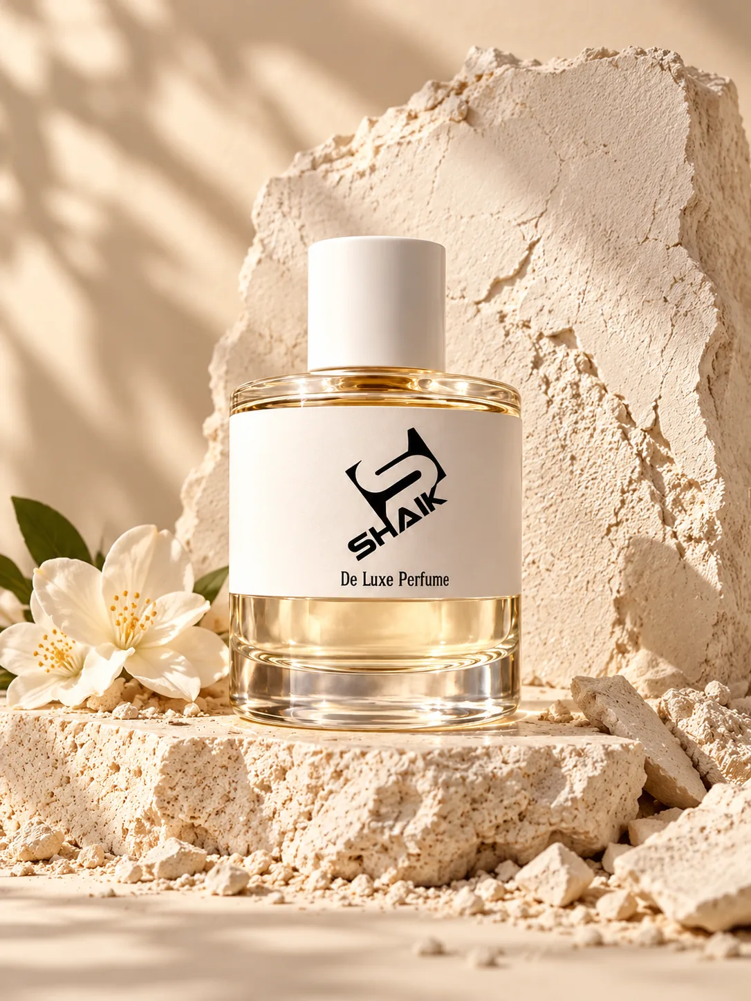 Shaik women's perfume with white cap and label on ivory plaster