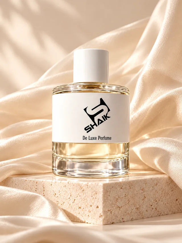 Shaik women's perfume with white cap and label on a stone plinth