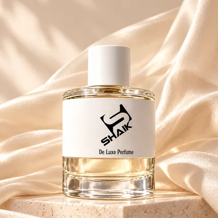 Shaik women's perfume with white cap and label on a stone plinth