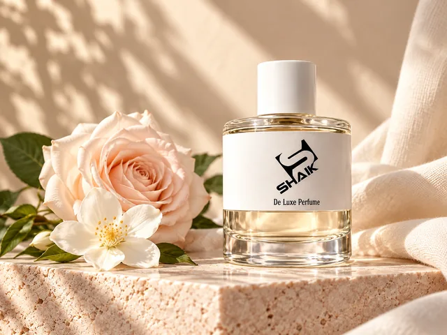 Shaik women's perfume with white cap and label beside a rose