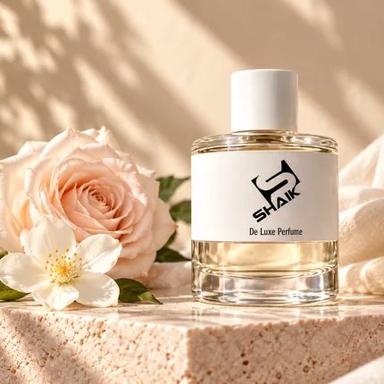 Shaik women's perfume with white cap and label beside a rose