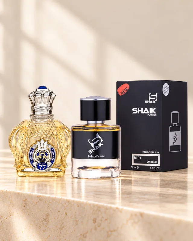 Shaik M 01 bottle and box beside Shaik Opulent No. 77