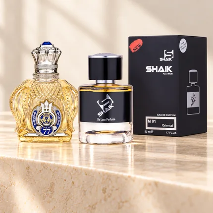 Shaik M 01 bottle and box beside Shaik Opulent No. 77