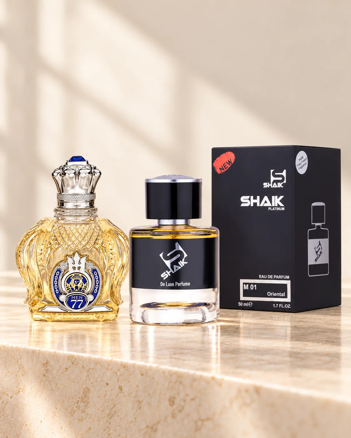 Shaik M 01 bottle and box beside Shaik Opulent No. 77