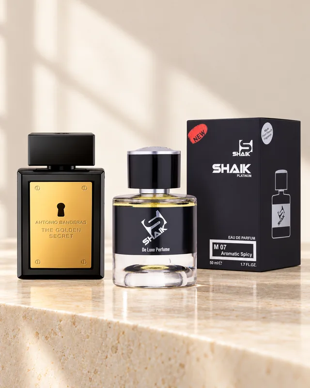 Shaik M 07 bottle and box beside Antonio Banderas The Golden Secret, the fragrance that inspired it