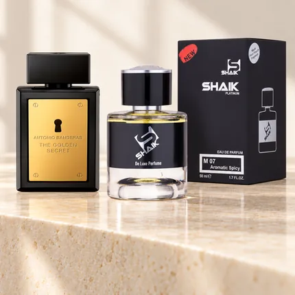 Shaik M 07 bottle and box beside Antonio Banderas The Golden Secret, the fragrance that inspired it
