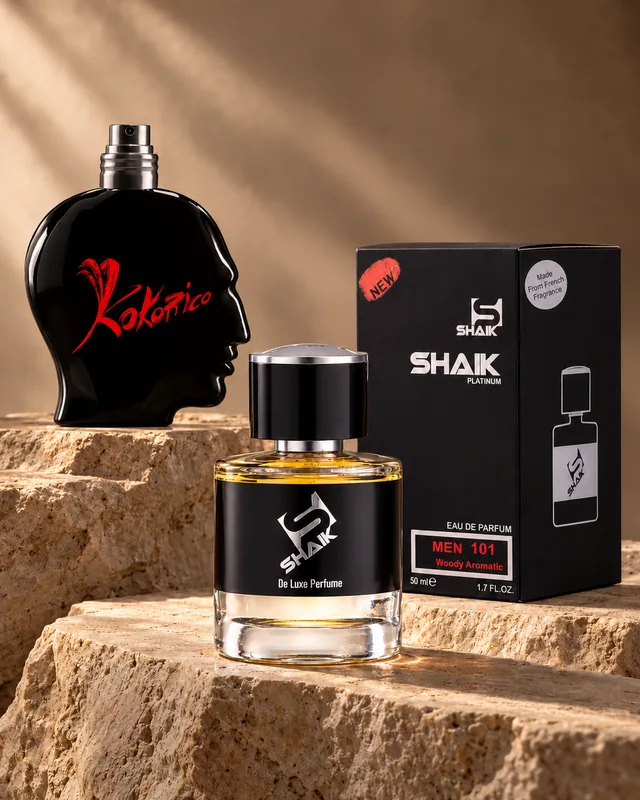 Shaik M 101 bottle and box beside Jean Paul Gaultier Kokorico, the fragrance that inspired it
