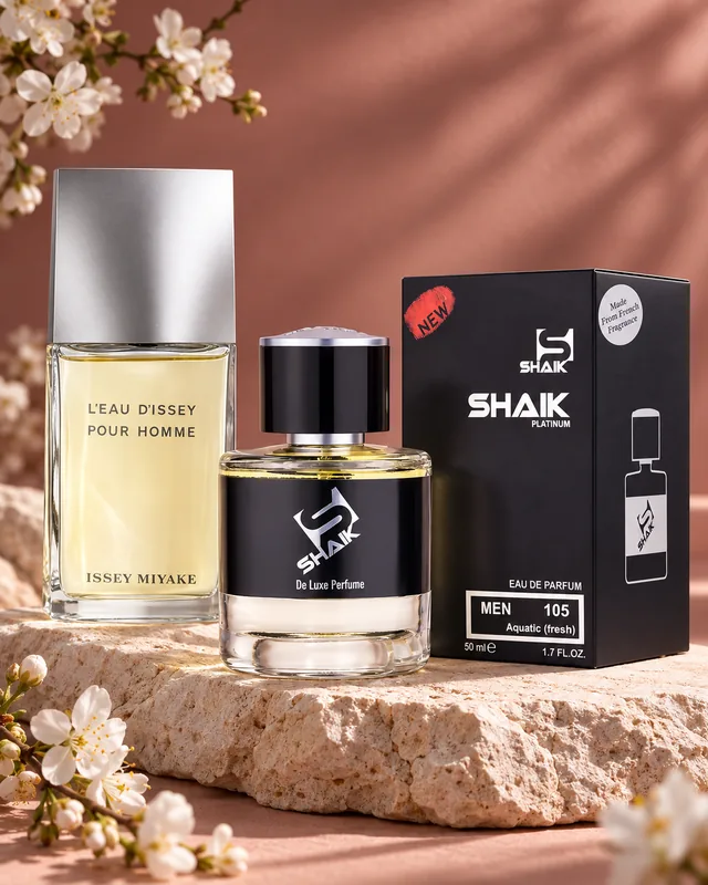 Shaik M 105 bottle and box beside Issey Miyake L'Eau d'Issey Pour Homme, the fragrance that inspired it