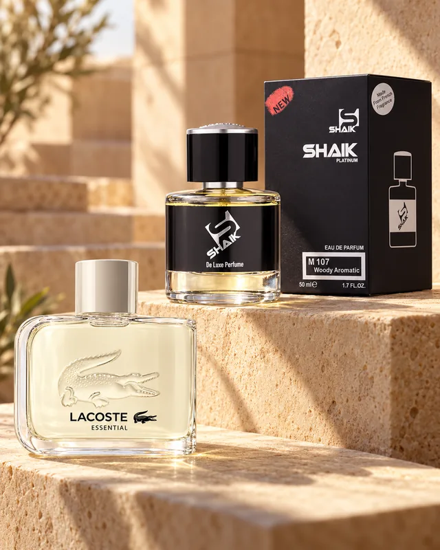 Shaik M 107 bottle and box beside Lacoste Essential, the fragrance that inspired it