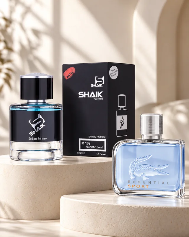 Shaik M 109 bottle and box beside Lacoste Essential Sport, the fragrance that inspired it
