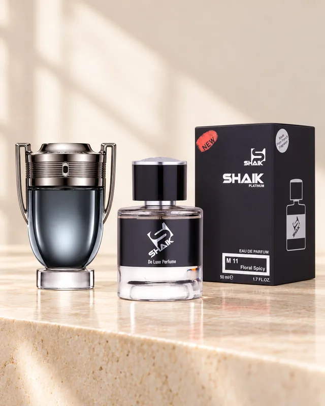 Shaik M 11 bottle and box beside Paco Rabanne Invictus Intense, the fragrance that inspired it