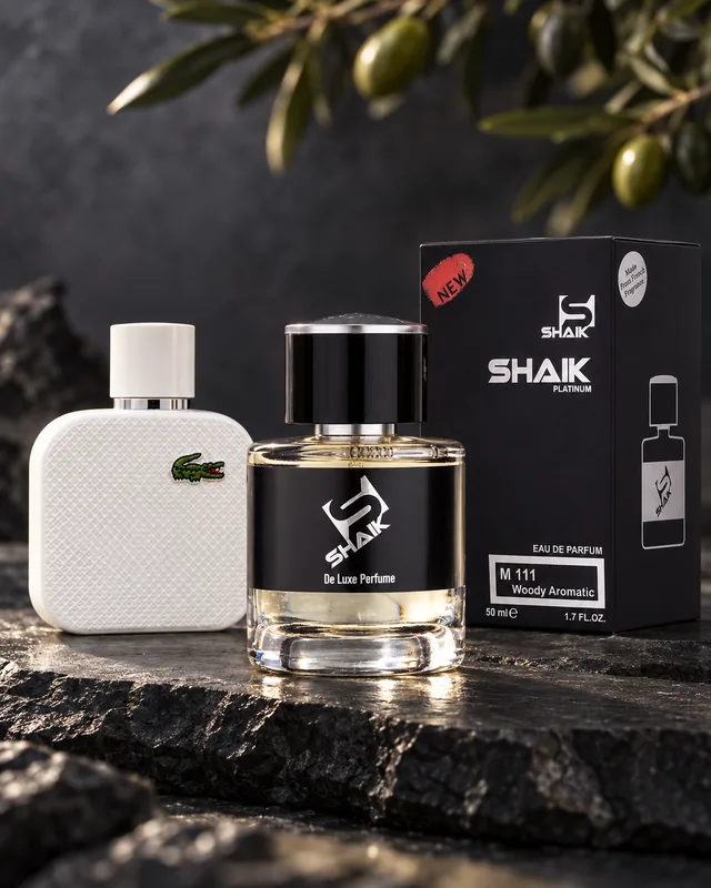 Shaik M 111 bottle and box beside Eau de Lacoste L.12.12 White, the fragrance that inspired it