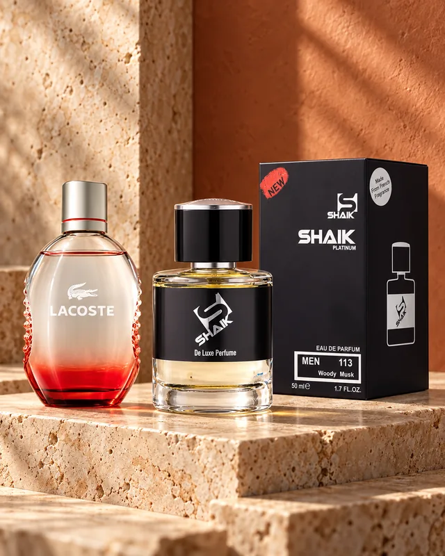 Shaik M 113 bottle and box beside Lacoste Style in Play, the fragrance that inspired it