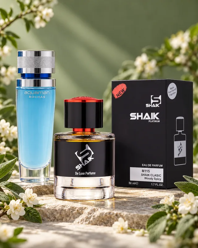 Shaik M 115 bottle and box beside Rochas Aquaman, the fragrance that inspired it