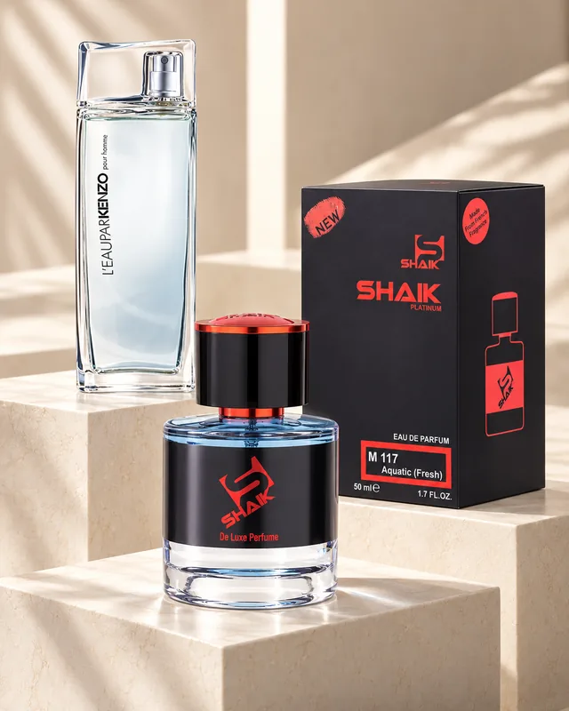Shaik M 117 bottle and box beside L'Eau par Kenzo Pour Homme, the fragrance that inspired it