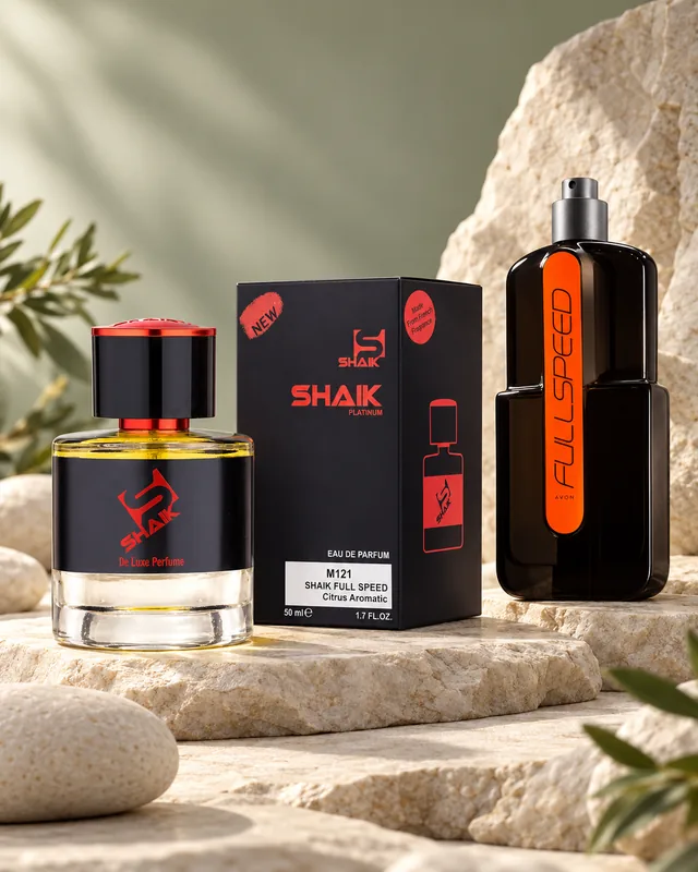 Shaik M 121 bottle and box beside Avon Full Speed, the fragrance that inspired it
