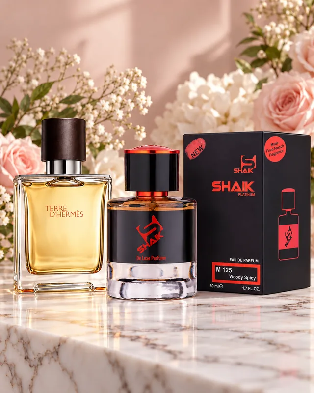 Shaik M 125 bottle and box beside Terre d'Hermès, the fragrance that inspired it