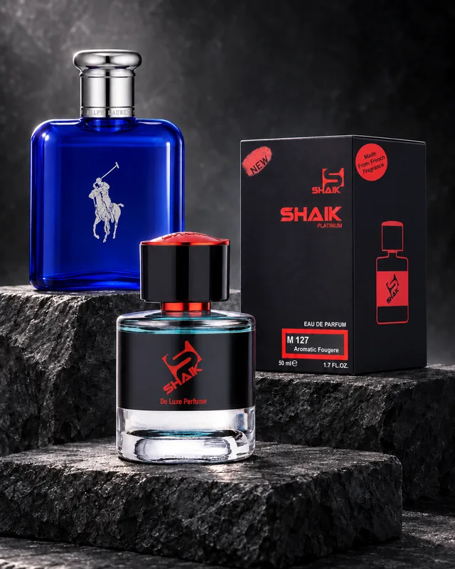 Shaik M 127 bottle and box beside Ralph Lauren Polo Blue, the fragrance that inspired it